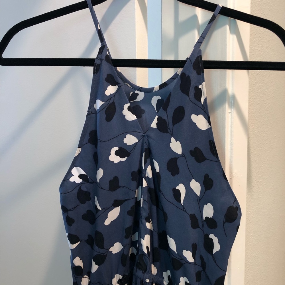 LOFT Blue Floral Midi Dress - Navy with White and Black Motif